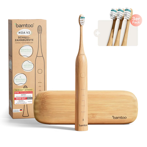 Bamtoo KOA V2 nachhaltige Schallzahnbürste + 3 Bürstenköpfe Pro 3D Set + Reiseetui