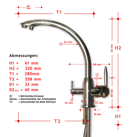 Designer three-way faucet Venice, with 3/8" flexible hose connection